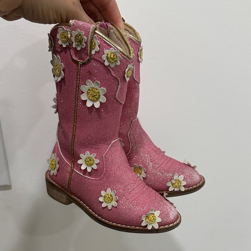 Wild Diva Pink Glitter Kids Boots with Floral Accents